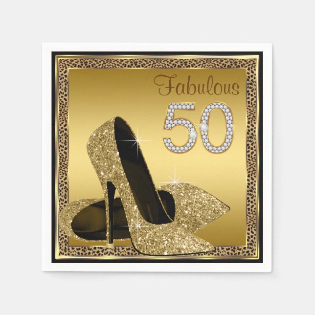 Servilleta De Papel Elegante Leopard Gold High Heel 50 cumpleaños (Anverso)