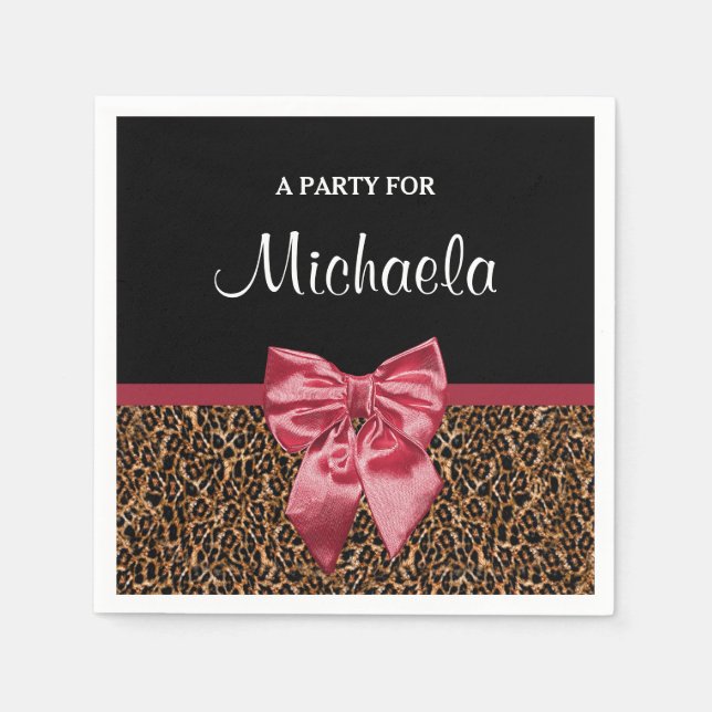 Servilleta De Papel Elegante Leopard Print Elegant Red Bow and Name (Anverso)
