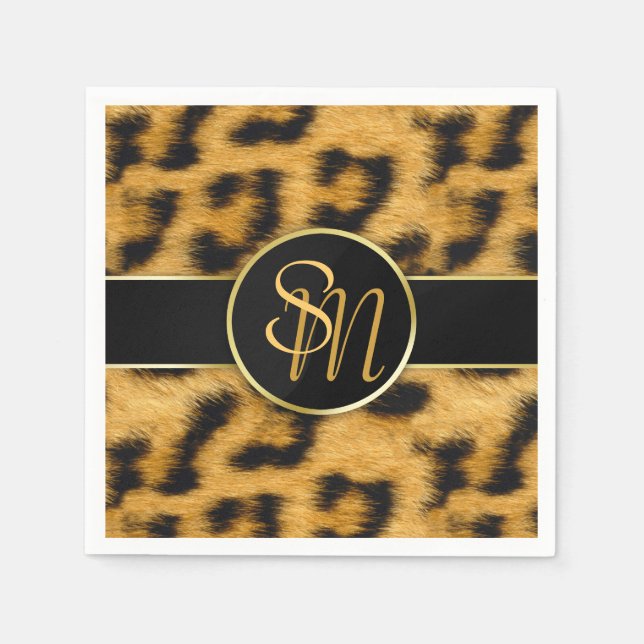Servilleta De Papel Elegante Leopard Print Monograma Script Papel Napk (Anverso)