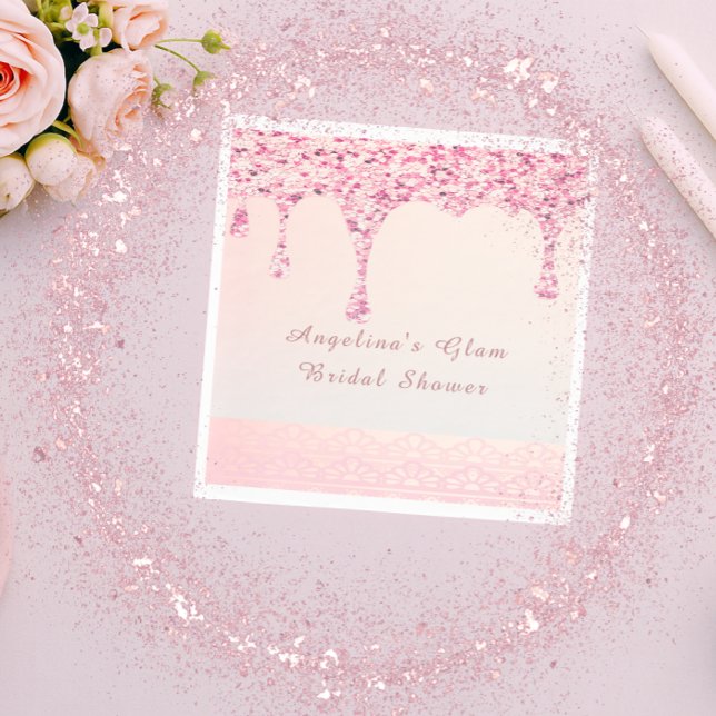 Servilleta De Papel Elegante Lluvia de Purpurina Rosa con Encaje para  (Glam pink glitter drip napkin with lace and custom name for a modern bridal shower.)