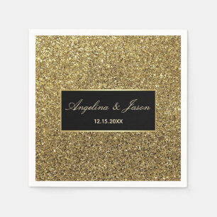 Servilleta De Papel Elegante Lujo Chic Negro y Dorado Brillo Boda
