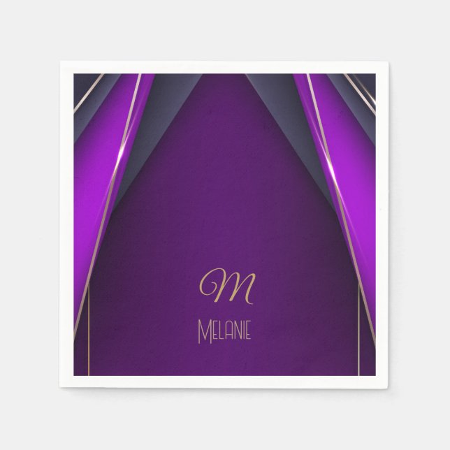 Servilleta De Papel Elegante lujoso Monograma de oro morado moderno (Anverso)