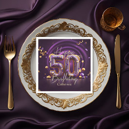 Servilleta De Papel Elegante lujoso morado y dorado 50 cumpleaños