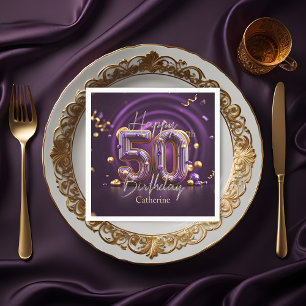 Servilleta De Papel Elegante lujoso morado y dorado 50 cumpleaños