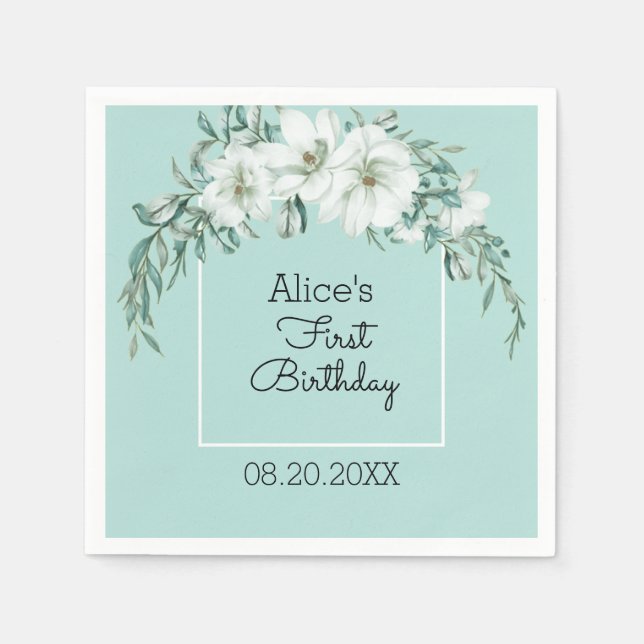 Servilleta De Papel Elegante Magnolia White Pastel Verde Primer cumple (Anverso)