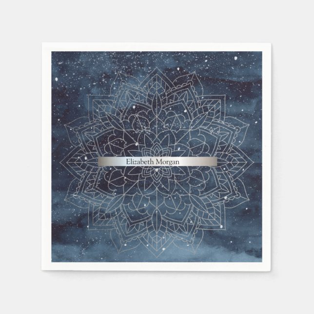 Servilleta De Papel Elegante mandala moderno de plata con franja azul  (Anverso)