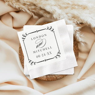 Servilleta De Papel Elegante marco de pergamino negro monograma boda