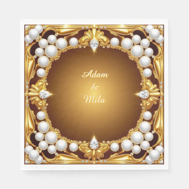 Servilleta De Papel Elegante marco dorado con perlas (Anverso)