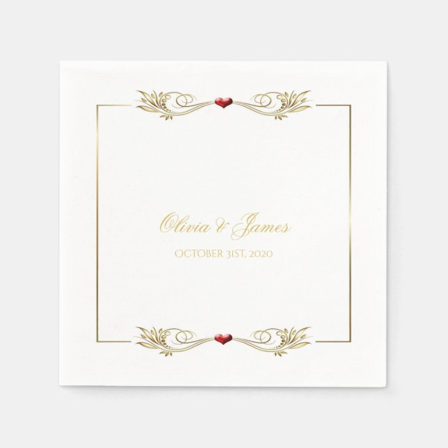 Servilleta De Papel Elegante marco dorado Red Heart Bodas Napkins (Anverso)