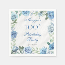 Servilleta De Papel Elegante marco floral azul 100 cumpleaños