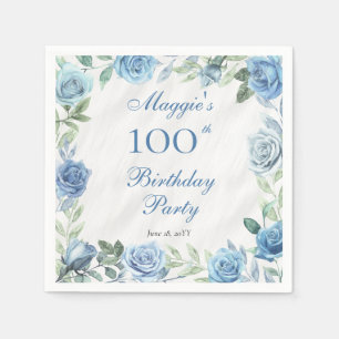 Servilleta De Papel Elegante marco floral azul 100 cumpleaños