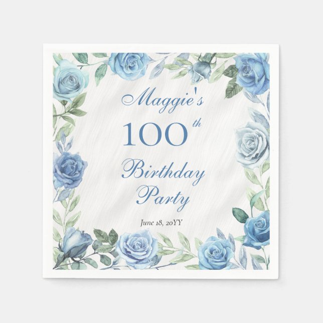 Servilleta De Papel Elegante marco floral azul 100 cumpleaños (Anverso)