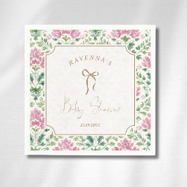 Servilleta De Papel Elegante marco floral rosa con lazo dorado para ba