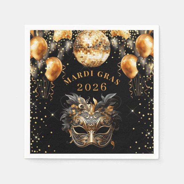 Servilleta De Papel Elegante Mardi Gras 2026 con brillo de oro negro (Anverso)