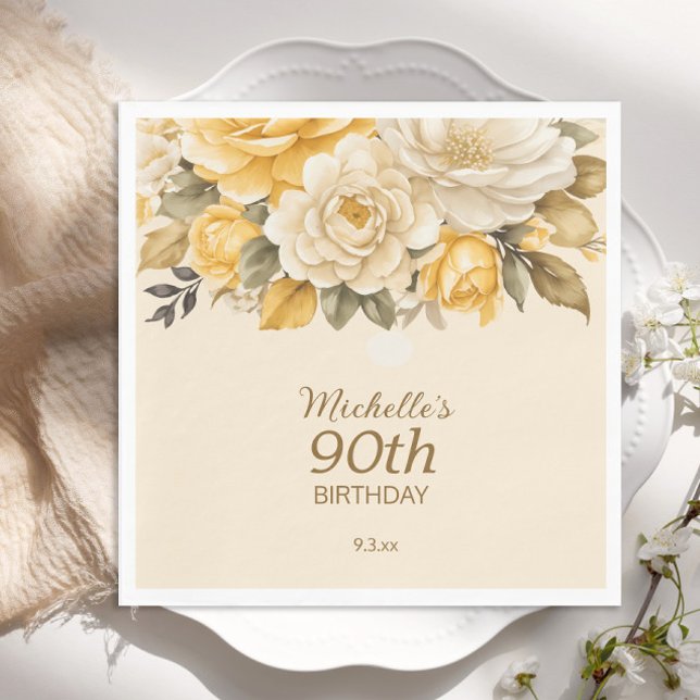 Servilleta De Papel Elegante Marfil Amarillo Crema Floral Sorpresa 90 (Yellow and cream floral 90th birthday paper plate)