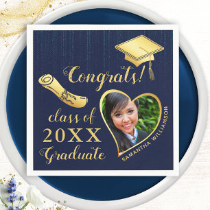 Servilleta De Papel Elegante Marina Azul y Oro Foto Graduación 2025