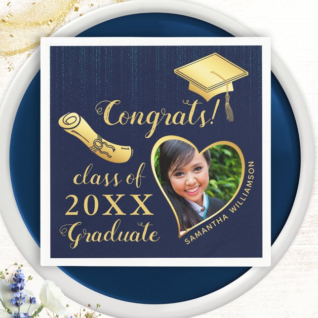 Servilleta De Papel Elegante Marina Azul y Oro Foto Graduación 2025 (Subido por el creador)
