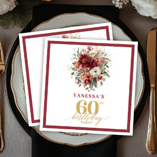 Servilleta De Papel Elegante Marsala Dorado Otoño Floral Cumpleaños 60
