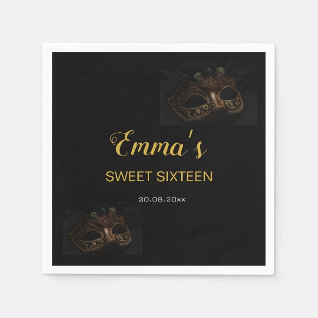 Servilleta De Papel Elegante Máscara de Mascarada de Oro y Negro 16 Cu (Anverso)