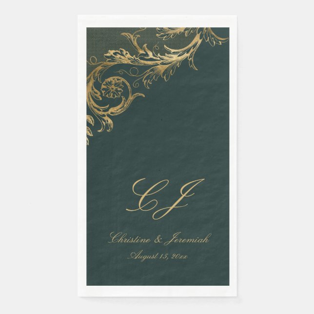 Servilleta De Papel Elegante matrimonio de damasco con flores de oro v (Anverso)