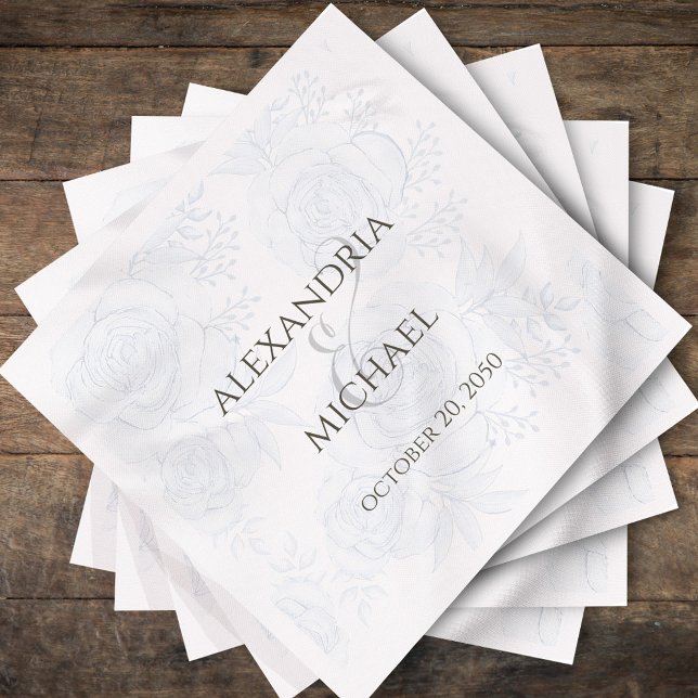 Servilleta De Papel Elegante matrimonio simple caligrafía floral azul (Elegant blue floral wedding napkin with a calligraphy script ampersand.)