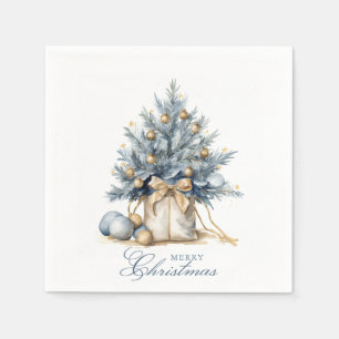 Servilleta De Papel Elegante Merry Christmas Tree Gold Blue Watercolor