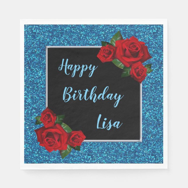 Servilleta De Papel Elegante Moda Azul Purpurina Roses Rojas Cumpleaño (Anverso)