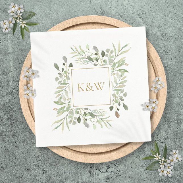 Servilleta De Papel Elegante Moda Monograma Dorado Verdor Floral (Elegant Chic Gold Monogram Floral Greenery Napkins)