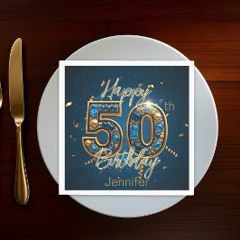 Servilleta De Papel Elegante Moda Oro y Gemstone Azul 50 cumpleaños
