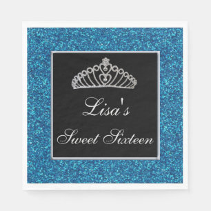 Servilleta De Papel Elegante Moda Purpurina azul Tiara Sweet 16