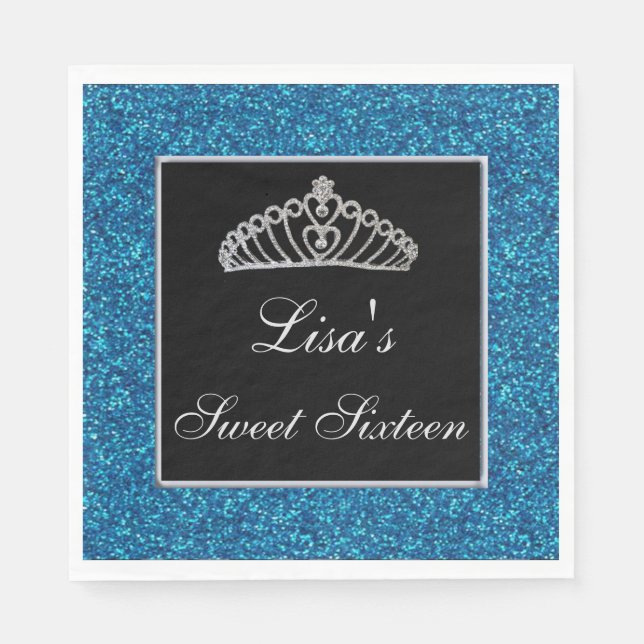 Servilleta De Papel Elegante Moda Purpurina azul Tiara Sweet 16 (Anverso)