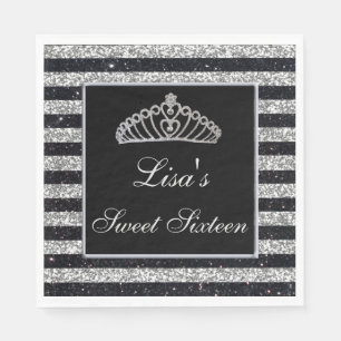 Servilleta De Papel Elegante Moda Purpurina de plata negra Tiara Sweet