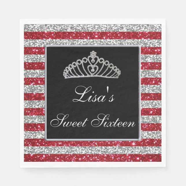 Servilleta De Papel Elegante Moda Purpurina de plata roja Tiara Sweet  (Anverso)