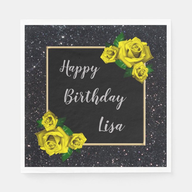 Servilleta De Papel Elegante Moda Purpurina negro rosas amarillas cump (Anverso)