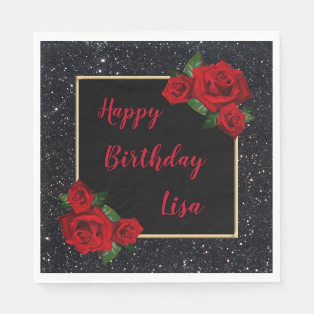 Servilleta De Papel Elegante Moda Purpurina Negro Roses Roses Cumpleañ (Anverso)