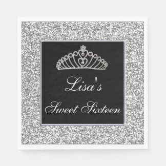 Servilleta De Papel Elegante Moda Purpurina Plata Tiara Sweet 16