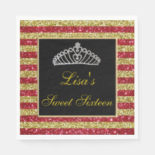Servilleta De Papel Elegante Moda Red Gold Purpurina Tiara Sweet 16