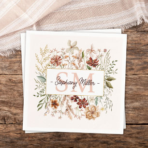 Servilleta De Papel Elegante Monograma Acuarela Floral de Flores Silve