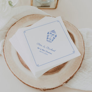 Servilleta De Papel Elegante Monograma Azul Blanco Chinoiserie Boda