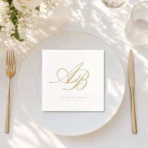 Servilleta De Papel Elegante Monograma Blanco Beige-Dorado Boda 