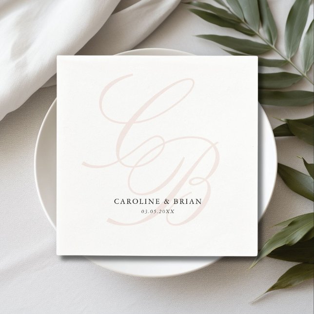Servilleta De Papel Elegante, Monograma, Boda (Elegant, Monogram, Wedding Napkins, script font, white & blush.)