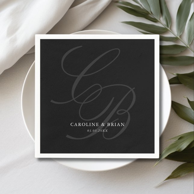 Servilleta De Papel Elegante, Monograma, Boda (Elegant, Monogram, Wedding Napkins, script font, black & white.)