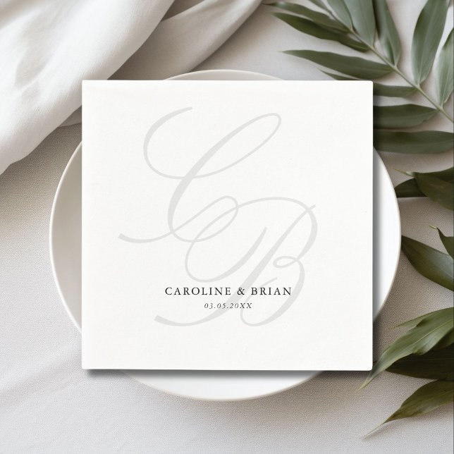 Servilleta De Papel Elegante, Monograma, Boda (Elegant, Monogram, Wedding Napkins, script font, grey & white.)