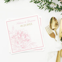 Servilleta De Papel Elegante Monograma Boda de flores doradas rosadas