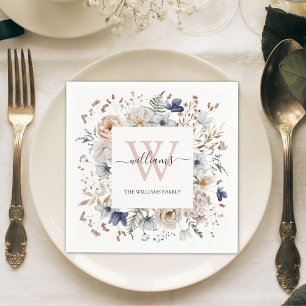 Servilleta De Papel Elegante Monograma Bonito Beige Flores Azules Flor