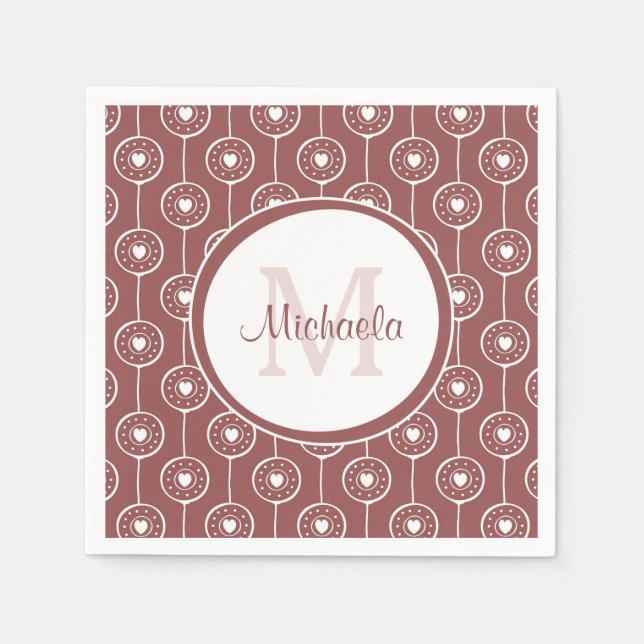 Servilleta De Papel Elegante Monograma de Corazones Marrones Rojos con (Anverso)