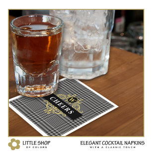 Servilleta De Papel Elegante Monograma de Cuadro Escocés Negro Oro