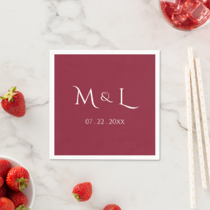 Servilleta De Papel Elegante Monograma de Fecha de Boda en Rojo y Blan