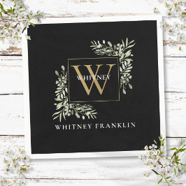 Servilleta De Papel Elegante Monograma de Oro Negro Verde Eucalipto