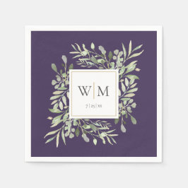 Servilleta De Papel Elegante Monograma dorado de vegetación púrpura